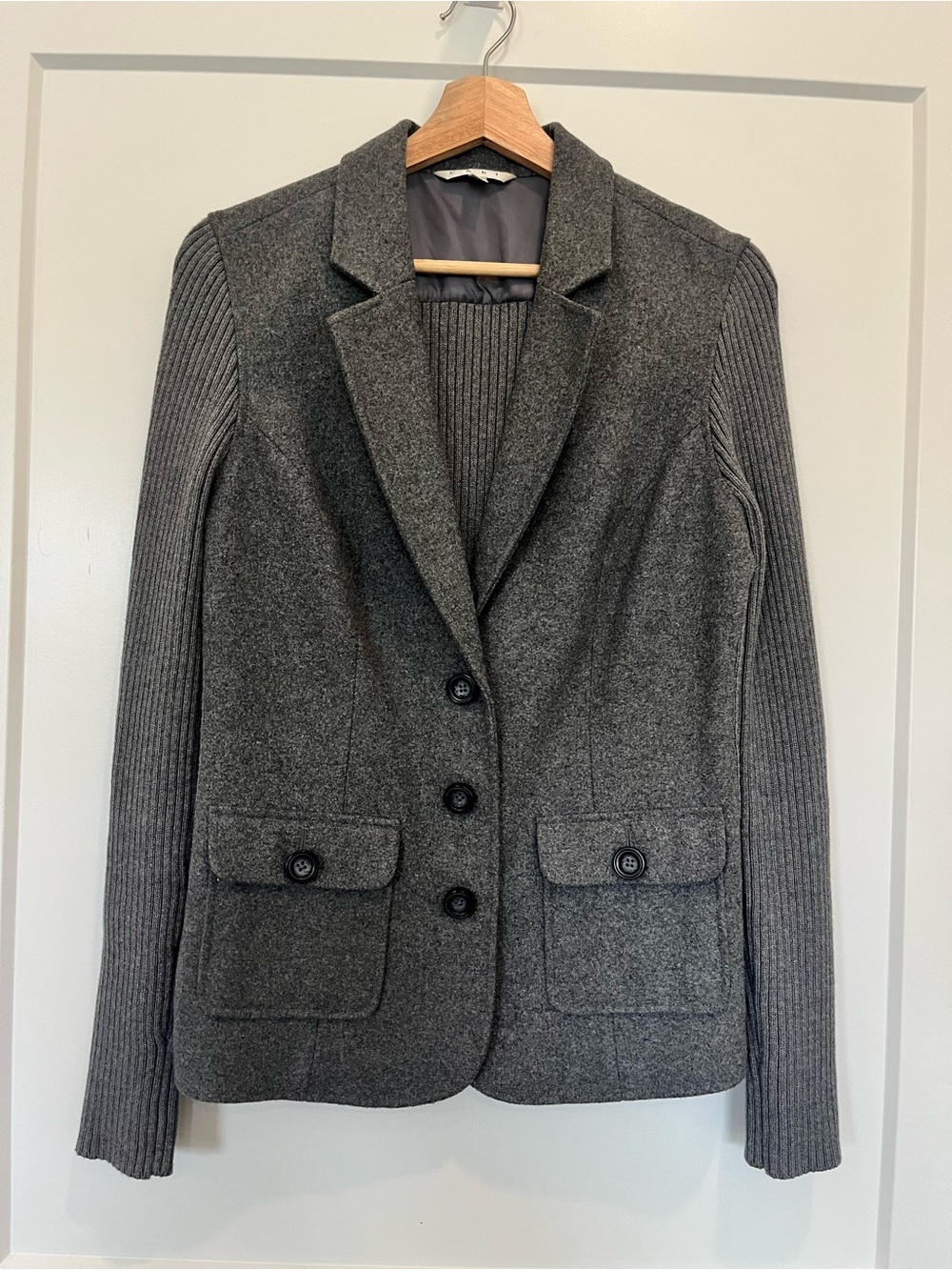 Cabi Sweater Blazer Jacket Knit Ribbed Wool Blend Gray Academia Office Minimalis